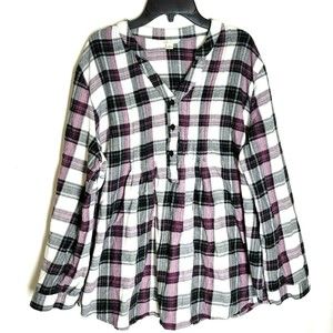 Cato Women's Long Sleeve Flannel Plaid Shirt Pleated V Neck Roll Tap Sleeve L